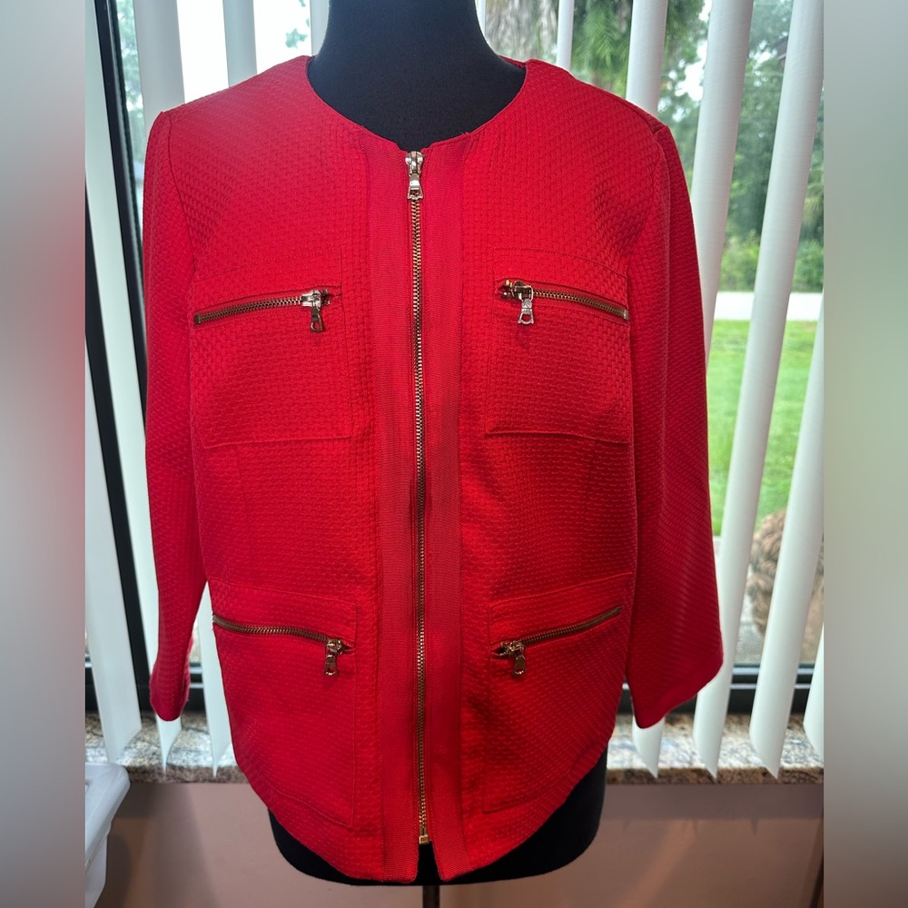 Bob Mackie Wearable Art Vibrant Red Front Gold Zipper Textured Blazer SZ Medium